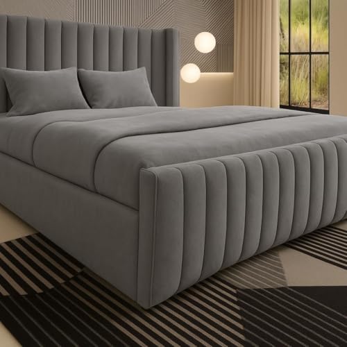 Home Interior Chesterfield Plush Velvet Winged Panel Bed - UK Made - Mattress/Gas Lift Options (Grey Plush, King (5ft) Bed Frame)