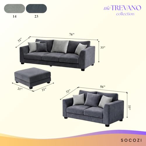 Image of SOCOZI Trevano 3+2 Seater Fabric Sofa Set with Ottoman | Soft Velvet Suede Upholstery | Modern Living Room Furniture (Dark Grey-Light Grey)