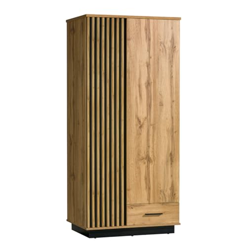 Kleiderschrank Lanimo LA01, Drehtürenschrank mit Schublade, Kleiderstange, Fächer, Garderobenschrank, dekorative Lamellen, Schrank für Diele, Flur, Schlafzimmer (Eiche Wotan / Eiche Wotan + Schwarz)