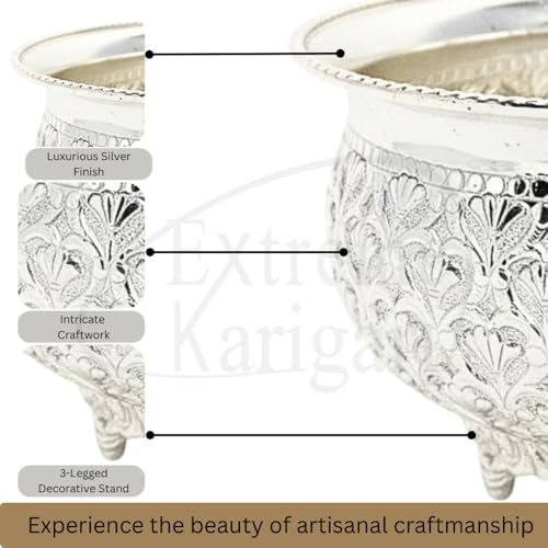 Image of Decorative Brass Chitai 7 inches German Silver Urli Center Table Flower Bowl | Urali for Mandap, Haldi, Mehendi, Wedding, Reception Decor | Small Size | 1000ml