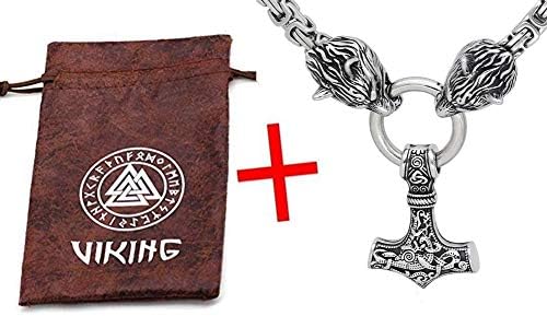 GuoShuang Mjolnir necklace viking jewellery for men wolf with Thor hammer necklace Stainless Steel Chain gift norse pendant