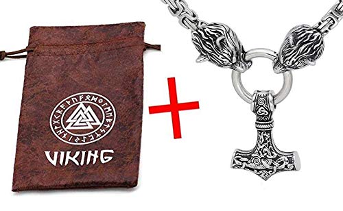 GuoShuang Mjolnir Collier viking bijoux pour homme loup avec marteau de Thor chaîne en acier inoxydable cadeau nordique pendentif, Acier inoxydable, Edda