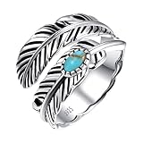 AVECON 925 Sterling Silver Ring Turquoise Rings Adjustable Feather Ring with Turquoise Stacking Ring Vintage Statement Ring for Women & Men