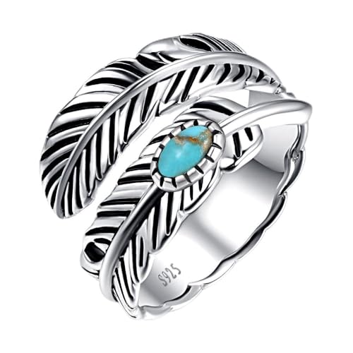 AVECON 925 Sterling Silver Ring Turquoise Rings Adjustable Feather Ring with Turquoise Stacking Ring Vintage Statement Ring for Women & Men