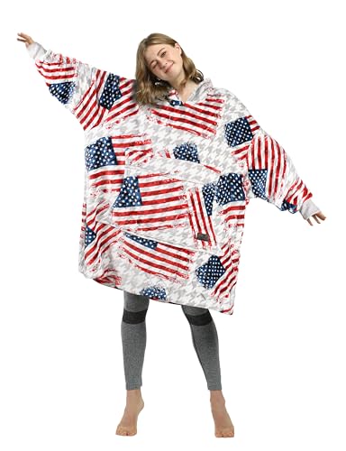 Catalonia American Flag Print Blanket Hoodie Sweatshirt, Oversized Wearable Fleece Pullover with Large Front Pocket, Super Soft Warm Comfortable for Adults, Fourth of July Gift