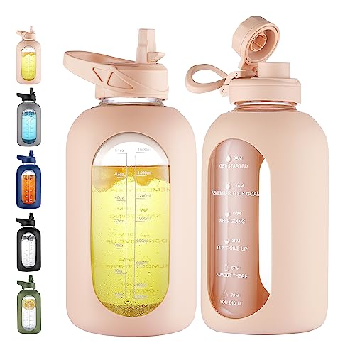 CIVAGO 64 oz Glass Water Bottle Jug with Straw and Handle, Half Gallon Sports Motivational Water Bottle with Time Marker and 2 Lids, Large Water Flask Canteen with Silicone Sleeve for Gym, Beige