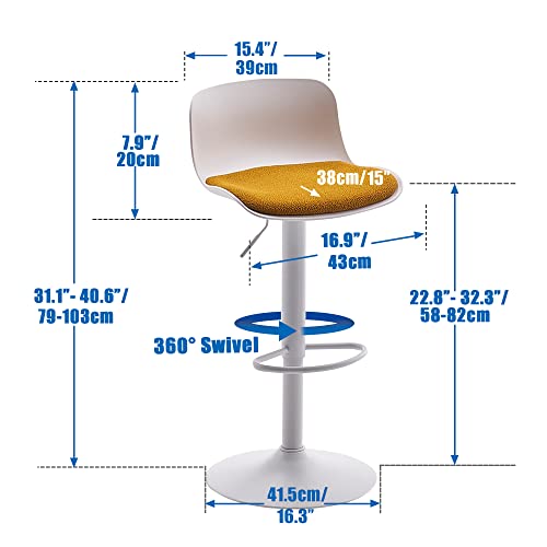 Younike Barstools Set Of 2 White Modern Counter Height Stool With Yellow Velvet Padded Seat, Adjustable Swivel Bar Stools With Back For Bar Counter And Kitchen Island #TOP1