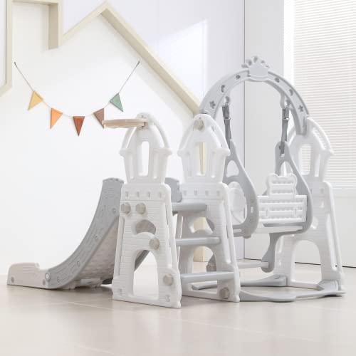 Merit Play Toddler Slide Kids Slide And Swing Set, 4 In 1 Baby Slide Climber Playset With Basketball Hoop And Safety Swing Set, Indoor Outdoor Backyard Baby Playground Toys For Toddlers Age 1-5, Grey #TOP5