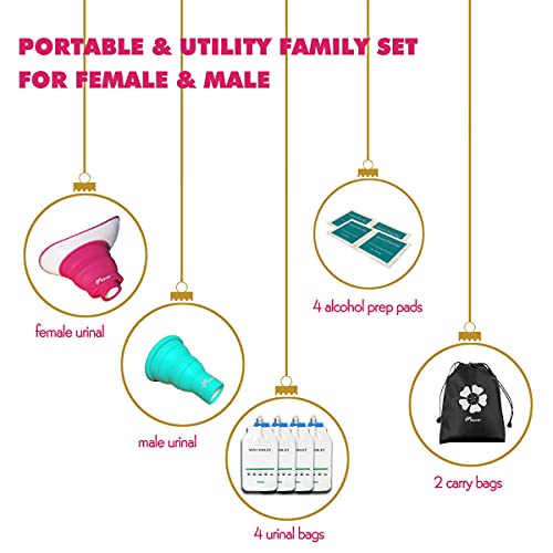 NAXER Female Urinal for Women with 4 Travel Disposable Urinal Bags, Shrinkable Male and Female Urination Device Set, Portable Urinal Pee Funnel Outdoor Essential Gear for Camping Hiking Car Boat Trip