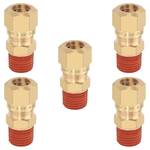 HASAOMOI 5PCS Air Brake Nylon Tubing Brass Union Fitting, 3/8" Tube OD x 1/4" NPT Thread Air Compression Straight Union Fittings for Nylon Hose with DOT Approved for Truck Trailers