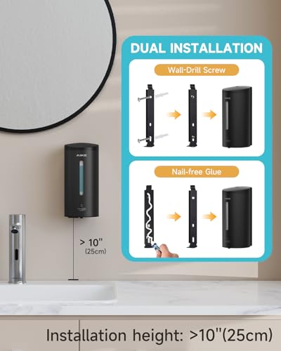 Image of AIKE Automatic Liquid Soap Dispenser,25oz Capacity for Bathroom,Matteblack | No-Drill and Screw Wall Mount Install Design for Space-Saving,4*AA batteries(Not Included) Ensure Long Standby,Model AK1205E