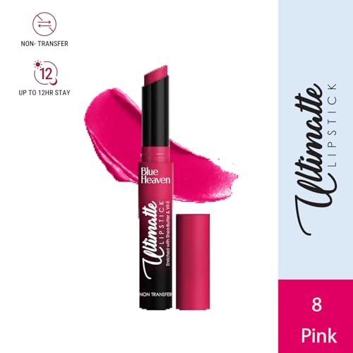 Image of Blue Heaven Ultimatte NonTransfer lipstick for women|Enriched with Shea Butter & Vitamin E| Matte Finish, Smudge Proof & Waterproof Long Lasting Lipstick Upto 12Hrs| 2.2g | 08 Pink