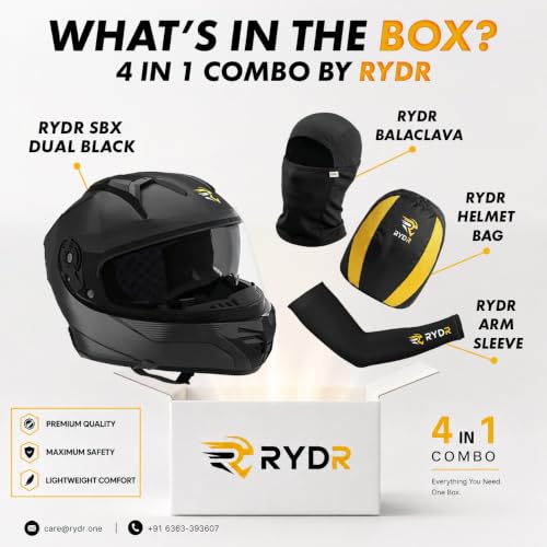 Image of Rydr SBX Dual Black Full Face Motorbike Helmet for Riders | Lightweight Safety Helmet for Men and Women with Strong Outer Shell, Soft Padding and Ventilation for Daily Riding