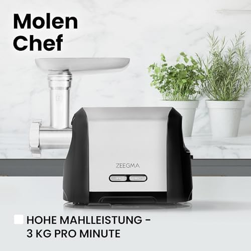 Bild 4 - ZEEGMA Molen Chef Elektrischer Fleischwolf, 1900 W mit 3 Schleifplatten aus Edelstahl, 3 kg/min, Wurstfüller, Kubbe, Zerkleinern, Schneiden, REV-Funktion, Zubehör-Set, Spezialgeräte (Silber)
