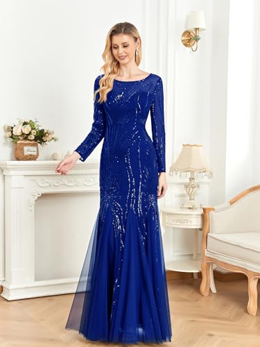 Image of Long Sleeve Sequin Evening Dress Glitter Mermaid Long Gown for Mother of The Bride Or Wedding Guest