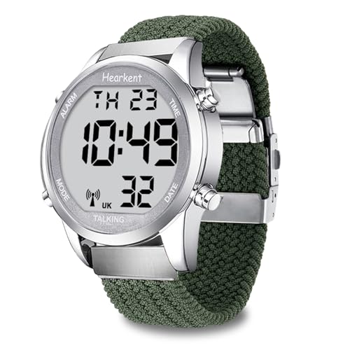 Hearkent Atomic - Reloj digital parlante británico con voz masculina y números grandes, para personas mayores o ciegas, Nylon Verde, 100%