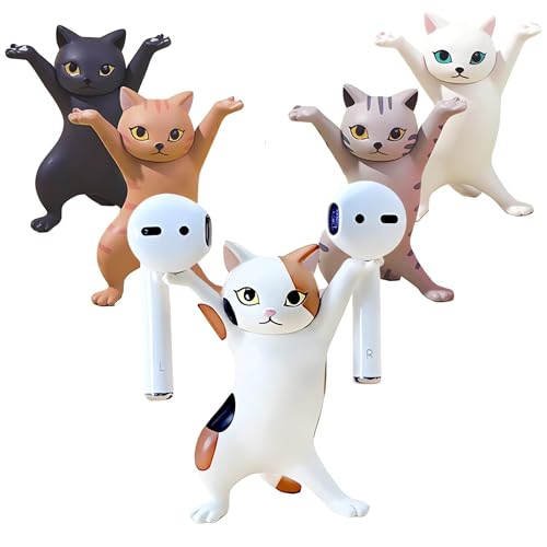 5 Pcs Cat Pen Holder Airpod Holder Stand,Anime Raising Hands Dancing Cat Model Desk Decor Funny Office Desk Decor for Women Girls