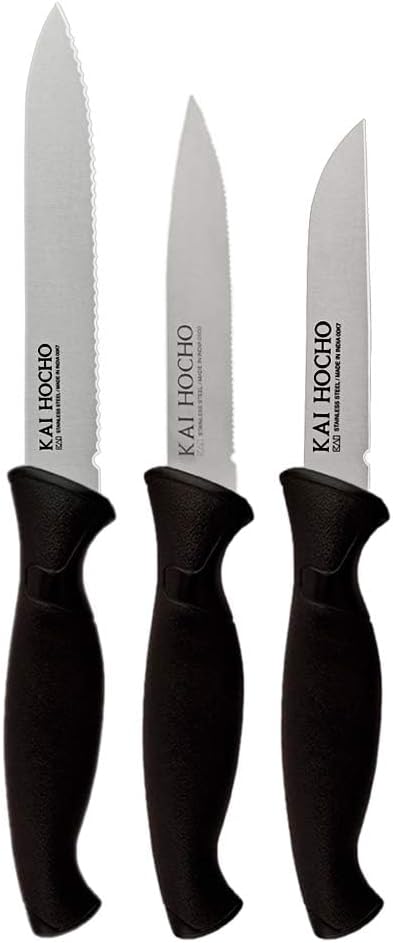 - Kai Micro Serrated Knife 5 inc,Vegetable Short knife3 inc,Vegatable Knife Serrated 4.4 inc. Black 100% Stainless Steel Knife Set