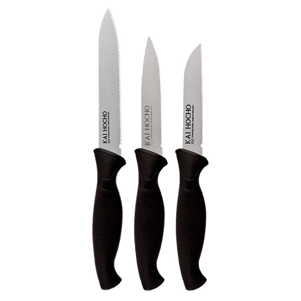 Kai Micro Serrated Knife 5 inc,Vegetable Short knife3 inc,Vegatable Knife Serrated 4.4 inc. Black 100% Stainless Steel Kni...
