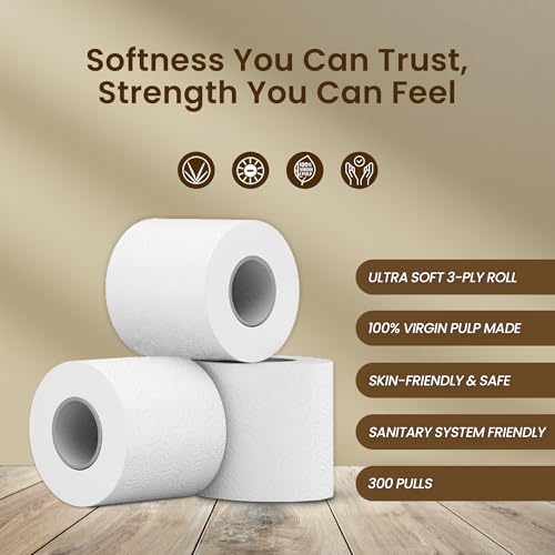 Image of Claret Ultra Soft 3-Ply Virgin Pulp Toilet Rolls | 300 Pulls Each Skin-Friendly | OBA-Free | Sanitary System Friendly (Pack Of 3 Rolls)