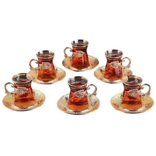 LaModaHome Vintage Handmade Turkish Tea Glasses with Saucer and Holders, Ottoman and Arabic Cups Set of 6 for Serving Guests, Teatime, Dinner, Housewarming Gifts, Events, Weddings, Tableware - Gold