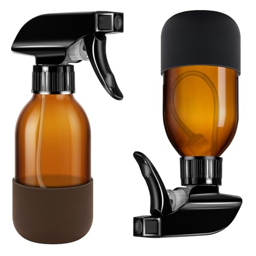 Tecohouse 2 Pack 360 Amber Glass Spray Bottles with Silicone Sleeve 4 oz Empty Refillable Containers with Adjustable Spray Nozzles Spray Bottles for Cleaning Solutions Hair Plants (Black & Brown)