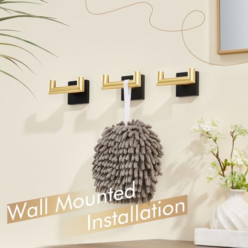 Image of KOKOSIRI Robe Hooks Bath Towel Hooks Bathroom Hardware Double Coat Hooks Wall Mounted, Stainless Steel 3 Pack Black with Gold B1015GDK-P3
