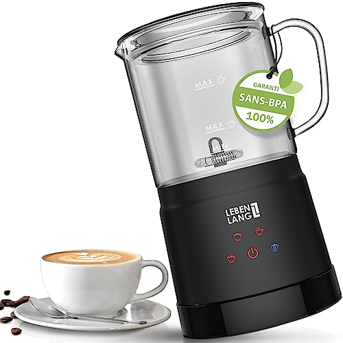 LEBENLANG Mousseur à lait électrique en verre - 100% sans BPA comprend fouet de rechange & 4 modes mousseur lait I Mixeur lait mousse Machine I pour faire de la mousse de lait milk frother