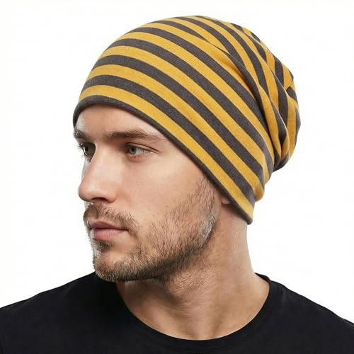 ZLYC Cotton Thin Slouchy Beanie Hat for Men Women Fashion Soft Stretch Knit Skull Cap (Striped Brown and Yellow)