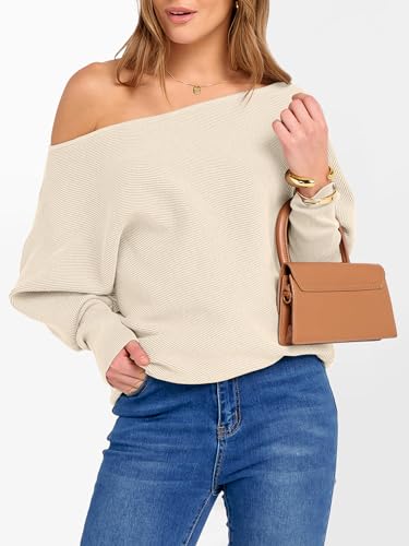 Image of ANRABESS Womens Off Shoulder Sweaters 2026 Fall Long Batwing Sleeve Loose Fit Knit Tops Casual Pullovers Jumpers