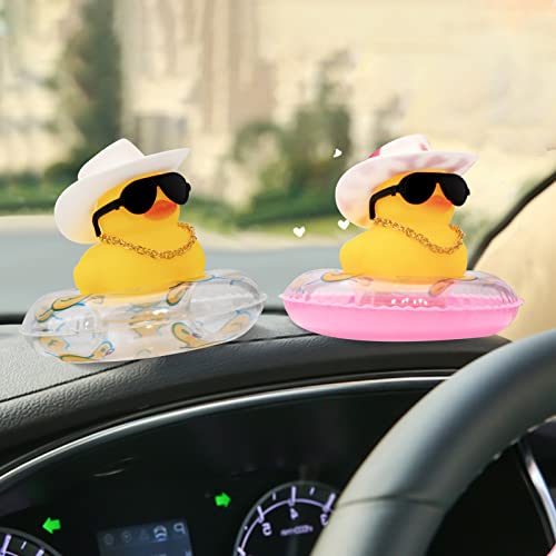 Image of wonuu Car Rubber Duck, Yellow Duck Decoration Dashboard with Sun Hat Swim Ring Necklace Sunglasses for Car Dashboard Decorations, Pink White Cowboy hat-Pink