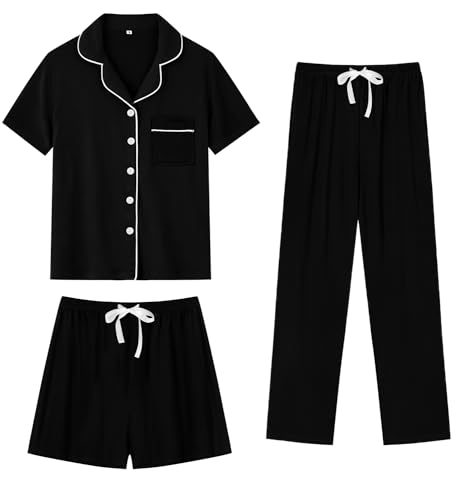 SWOMOG Womens 3pcs Button Down Pajamas Set Short Sleeve Sleepwear Bride Pj Lounge Set with Long Pants2