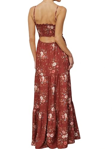 Image of Womens Summer Floral Spaghetti Strap Backless Low Cut Smocked Milkmaid Flowy Beach Sundresses