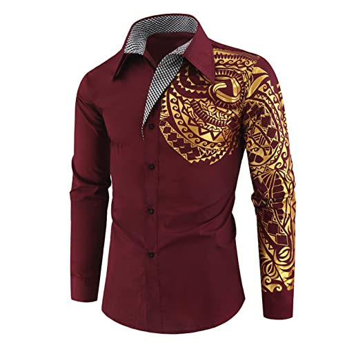 Men's Print Button Down Dress Shirt Shiny Golden Printed Long Sleeves Shirts Casual Slim Floral Nightclub Costume (Dark Red,Medium)