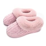 DL Women's House Slippers with Fuzzy Plush Faux Fur Collar, Memory Foam Slip on House Shoes with Indoor Outdoor Anti-Skid Rubber Sole, Pink, 7-8