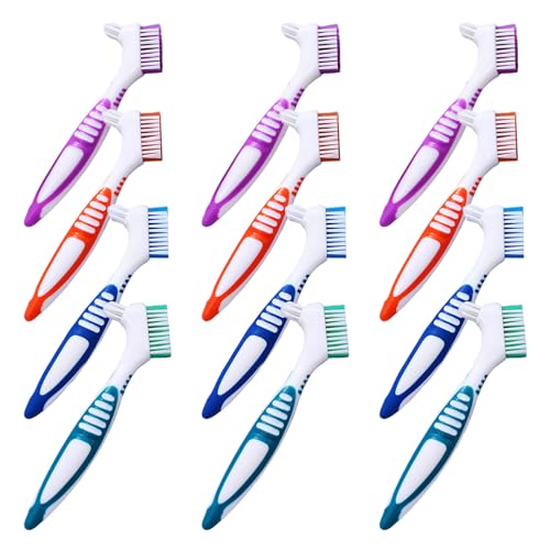 SHOWERORO 12 Cepillos para Prótesis Dentales Doble Cara Cepillo de Limpieza para Dentaduras Postizas Colores Surtidos Azul Verde Morado Naranja Tamaño Compacto para Higiene Bucal