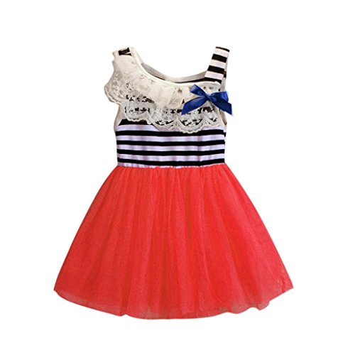 Hot Baby Dress! AMA(TM) Toddler Kids Baby Girls Striped Sleeveless Bowknot Tulle Tutu Princess Party Dress (3T, Watermelon Red)
