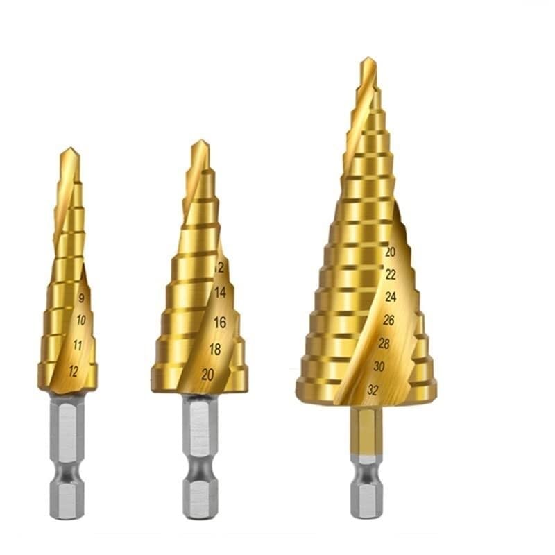 Wiertła do metalu, wiertła stopniowe z rowkiem spiralnym, 3 szt. 4-12 MM 4-20 MM 4-32 MM Zestaw wierteł stopniowych z łbem sześciokątnym, HSS Metal pokryty tytanem Frezy do otworów w drewnie Elektrona