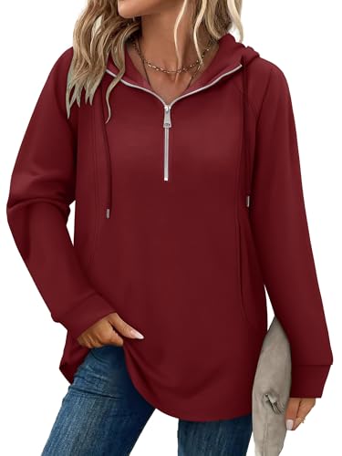 onlypuff Women Hoodie Pullover Trendy Quarter Zipper Lapel Sweatshirts Drawstring Cute Hooded Tunic Tops with Side Pockets