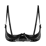 MSemis Damen Brustfrei BH Latex Leder Bra Ohne Bügel Bralette Ouvert-Dessous Nippelfreie Oberteiler Wetlook Gogo Party Top Clubwear Schwarz 5XL