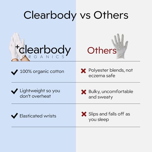 Clearbody Organics 100% Organic Cotton Gloves for Dry Hands Sleeping - Breathable Cotton for Eczema - Moisturizing Gloves Overnight (5 Pairs, Size S)