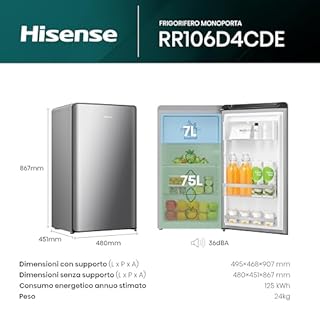 Hisense RR106D4CDE Frigorifero silver shadow a porta singola con design curvilineo, zona congelatore a 3 stelle, 82 L, classe E