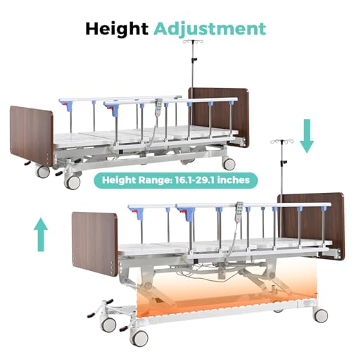 OLERN Full Electric Home Care Hospital Bed Included 4.7\" Memory Foam Mattress&IV Pole-16.1\"-29.1\" Height Range-530LBS Loading, Central Locking with 5\" Casters, Adjustable Nursing Bed Frame - Thumbnail 5