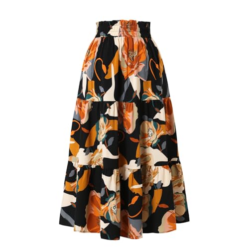 Women's Floral Midi Skirt Elastic Pleated Skirt High Waist Ruffle Skirt2