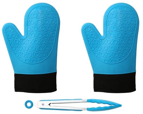 Heat Resistant Silicone Oven Mitts Set, Bbq Gloves, Lined With Soft Cotton, 500°F Heat Resistant, Kitchen Mitts Quilted Liner Non-Slip Textured Grip Used For Baking, Cooking, With Kitchen Tong (Blue) #TOP7