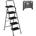 F2C Heavy Duty 4-Step Folding Ladder with Tool Platform – Sturdy, Space-Saving, Non-Slip Design, 330 lbs Load Capacity for Home, Kitchen, and Garage (Black, 4-Steps)