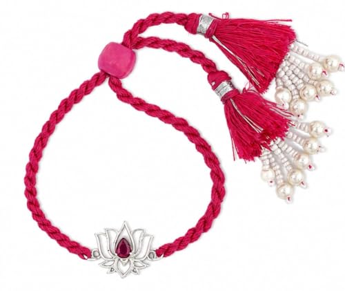 Image of MEENAKARI HERITAGE JEWELLERY Pure 925 Sterling Silver Lotus With Zircon Rakhi Set With Roli Chawal And Rakshabandhan Greeting Card For Brother /Sister /Unisex
