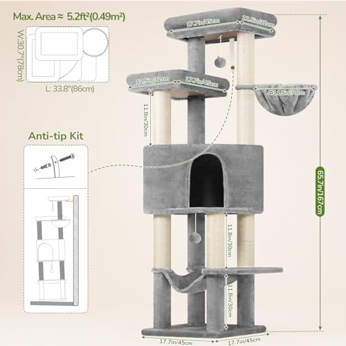 Image of Globlazer Tall Cat Tree Tower for Large Adult Cats, Multi-Level Large 65 Inch Cat Scratching Tower with Hammock, 6 Scratching Posts, Basket and 2 Perches for Indoor Multiple Cats, F65D, Light Grey