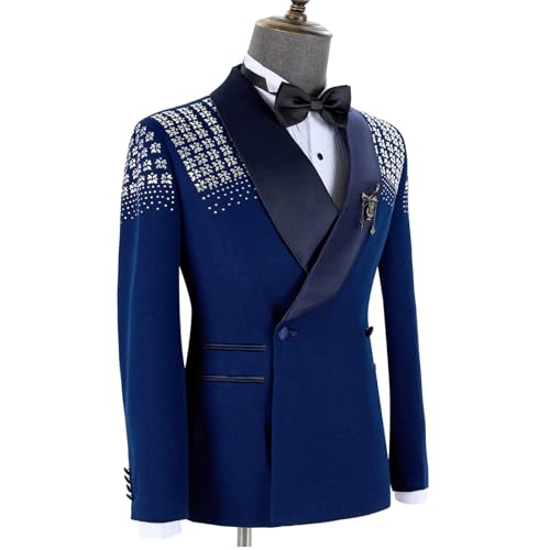 Men's RoyalBlue Tuxedo with White Rhinestones Slim Fit Shawl Lapel Blazer Jackets for Wedding,Party,Prom2