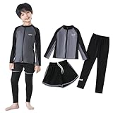 [WindTour] キッズ 水着 男の子 セパレー 3点セット【長袖ラッシュガード+レギンス＋ショートパンツ】スクール水着 男子 上下セット 子供水着 水泳パンツ 水遊び スイムパンツ スイムウェア ラッシュガード キッズ 紫外線対策 UVカット 130 140 150 160 (140, ファスナー付き-グレー)